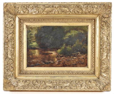 Attr Robert Swain Gifford River Landscape Painting: Attr. Robert Swain Gifford.New York, Massachusetts,1840-1905 Impressionist depiction of river winding through a densly packed forest from a rock covered clearing. Gifford studied under Albert Van Bees