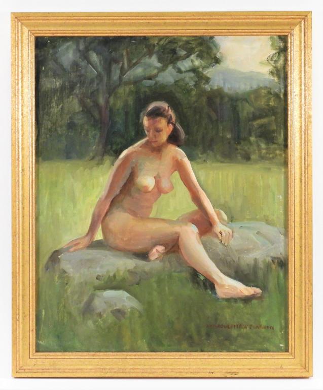 Marguerite S. Pearson Lounging Nude Painting: Marguerite S. Pearson.Massachusetts,1898-1978 Depicts a nude brunette woman seated on a flat rock in the woods glancing to the side. Pearson studied with William James and Frederick Bosley at the Bost
