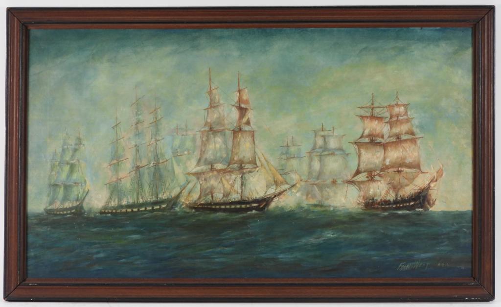 Francis West Naval Battle Maritime Painting: Francis West.Rhode Island,1881-1971 Impressionist depiction of a large ships engaged in battle, depicting the Battle of Lake Eerie in which the United States Navy defeated and captured six vessels of 