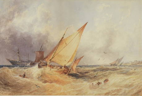 George Stainton Stormy Sea Maritime WC Painting: George Stainton.United Kingdom,19th Century Impressionist depiction of a ships rolling in harsh waves, losing barrels and other goods to the sea. Watercolor on paper,Sight 11 1/2" x 17 1/4".Frame 18 3