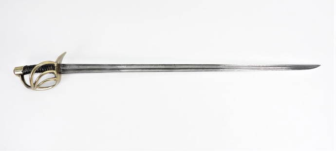 French AN XI Cuirassier Saber: France C. early 19th century Large brass hilt with three branches, leather-wrapped wooden grip, and a steel blade with a double fuller. Blade lg. 38 1/4".Overall lg. 44 5/8" Blade lg. 38 1/4".Overall