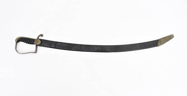 Brass Hilted Hanger and Scabbard: C. early 19th century Brass hilt with a rounded quillon and langets, leather-wrapped wooden grip, steel blade with a wide fuller, and a leather scabbard with a brass drag. Blade lg. 28 3/4".Overall
