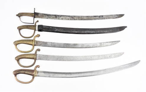 Five French Briquette's: France A Model 1767 hanger with brass hilt and unmarked steel blade; three briquette's with brass hilts and steel blades; and a briquette with a brass hilt, steel blade, and a leather scabbard.