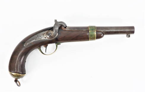 French Model 1837 Percussion Pistol: France C. 1837 .60 bore, walnut stock, brass fittings, and a steel belt hook. Barrel lg. 6 3/4".Overall lg. 12" Barrel lg. 6 3/4".Overall lg. 12"