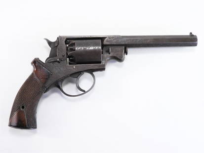 Mass. Arms Co. Adams Patent Revolver and Holster: United States C. 1857-61 .36 caliber, serial number 90, checkered walnut grip, marked on the left side of the frame "ADAMS PATENT/MAY 3, 1853," marked on the loading lever "KERR'S PATENT/APRIL 14,