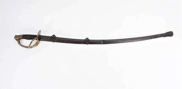 French-made Cavalry Officer's Saber: France Brass hilt with two branches and foliate designs, bone grip, steel blade, and a steel scabbard with two carrying rings. Blade lg. 35 1/8".Overall lg. 41 3/4" Blade lg. 35 1/8".Overall lg. 41
