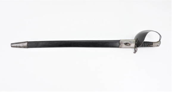 British Pattern 1859 Type I Naval Cutlass/Bayonet: Steel hilt and knuckle guard, leather-wrapped wooden grip, steel blade with no visible markings, and a black leather scabbard with a steel throat and drag. Blade lg. 27 1/8".Overall lg. 32 5/8" Blade