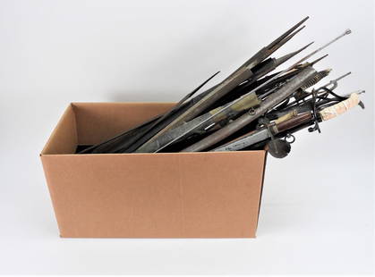 Large Group of Sword Blades and Scabbard Parts: Group of sword blades, sword parts, scabbards, scabbard parts, and two ramrods.