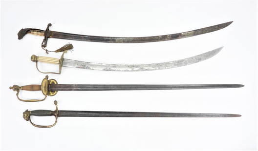 Four Early 19th Century Swords: A British Pattern 1796 officer's sword with a gilt-brass hilt and folding counter-guard; an eagle pommel musician's sword with a gilt-brass hilt; a pillow pommel sword with a reeded bone grip; and an