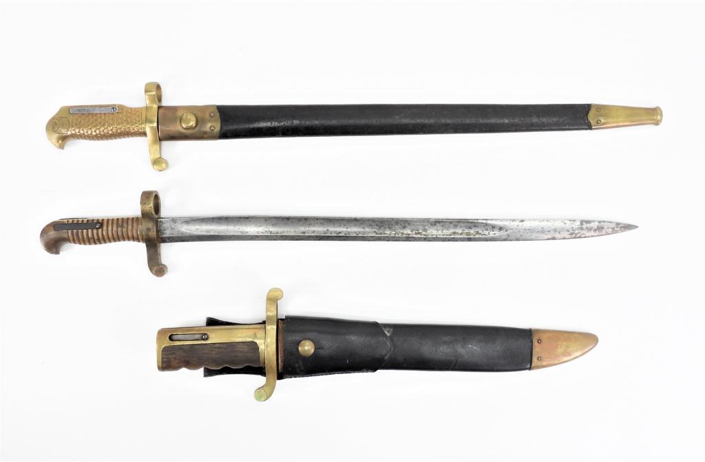 Three Bayonets: A zouave bayonet with a brass grip, marked "B.H." on the back of the hilt, steel blade with a small "S" stamped on the ricasso; a Model 1870 Navy Rifle bayonet with a brass grip, marked on the back "G