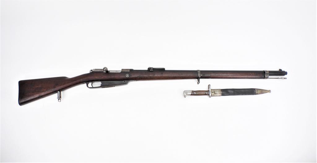 German Model 1888 Commission Rifle and Bayonet: Germany C. 1890 7.92x57mm Mauser, serial number 3220H all matching, walnut stock with stamps on the right side of the butt and below the trigger guard, steel fittings, marked on the receiver ring "SPA