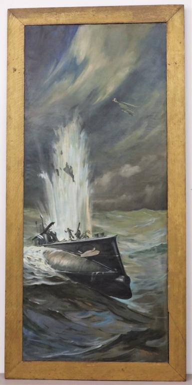 Charles Edwin Ruttan Military Battle Painting: California, Canada 1884-1939 Impressionist depiction of a German u-boat being attacked by a French plane over head while men run to take cover. Signed and dated "Ruttan '18" lower right corner. Canvas