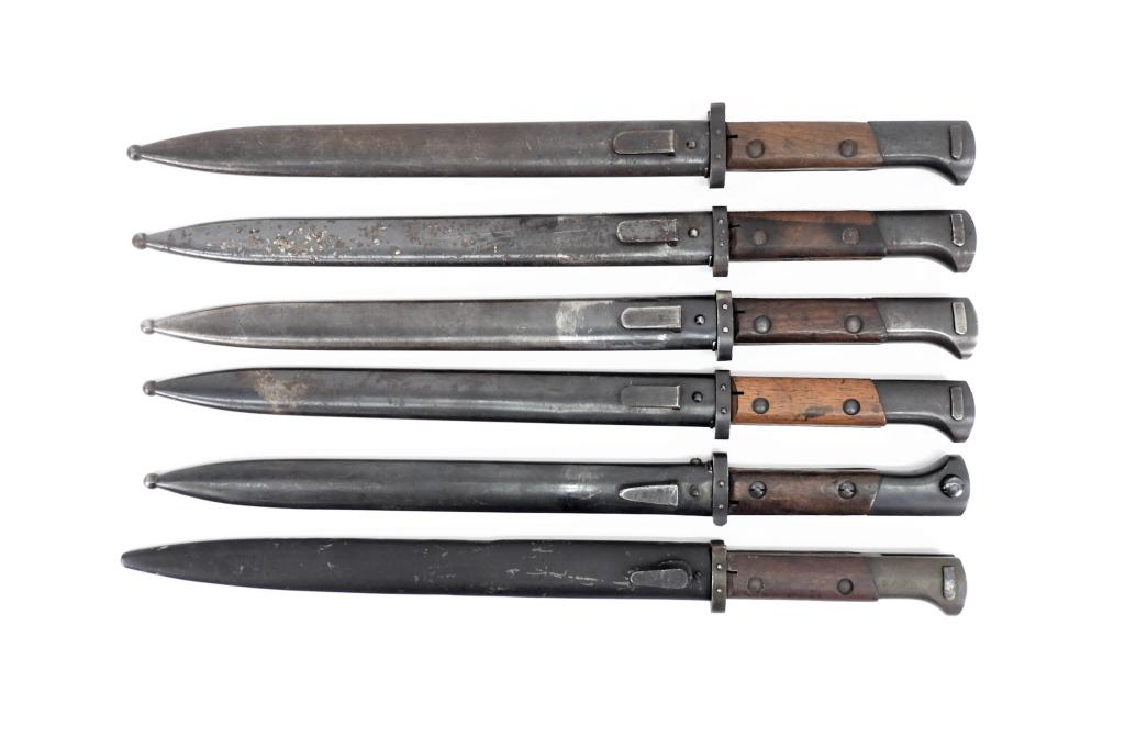 Six Czech VZ24 Bayonets and Scabbards: Six VZ24 bayonets and scabbards, two of them German-marked "dot".