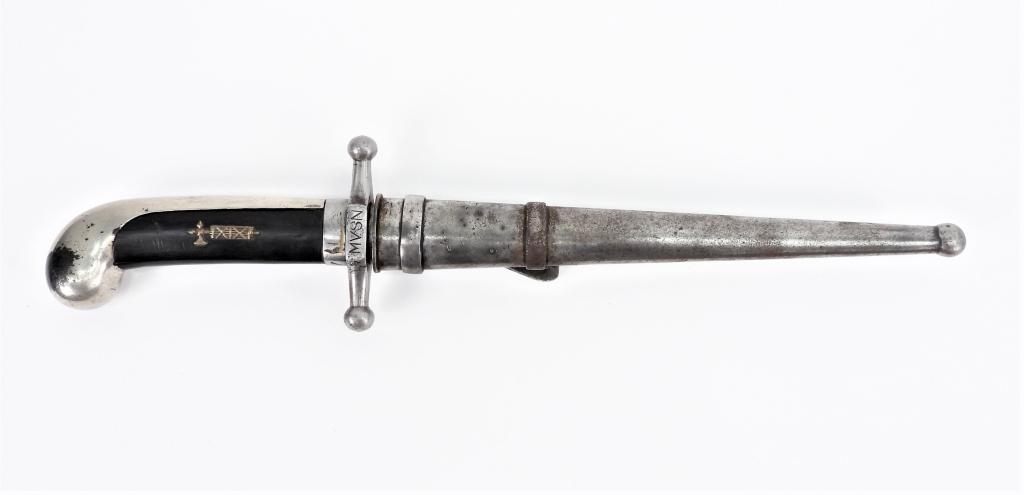 WWII Italian Officer's Dagger and Scabbard: Italy Nickel plated steel finish, wood grip, marked on one side of the cross guard "MVSN", and on the other side "D 151", with a quadrangular blade, and a steel scabbard with a belt loop. Blade lg.7 3