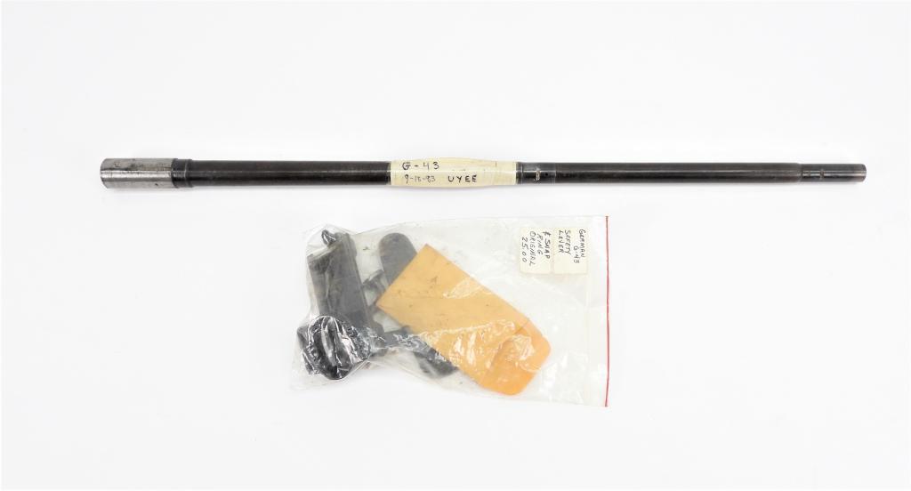 WWII German G-43 Barrel and Parts: Germany Barrel marked near the breech "CF" with waffenamt and eagles; a butt plate marked "brg"; a barrel band; a safety lever; two snap rings; a safety plunger; and a bolt carrier marked below the ha