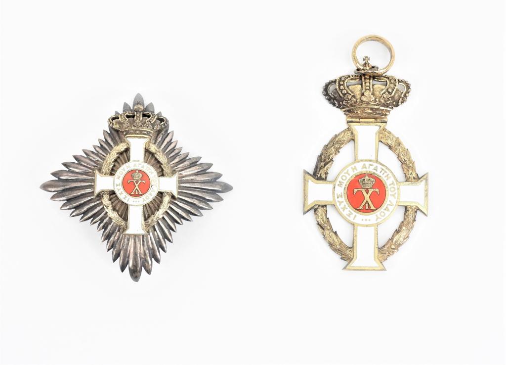 Greek Order of George I Grand Cross and Commander: England A Greek Order of George I grand cross with Spink & Sons, London label on the back; and an enameled commanders order (missing the neck ribbon).