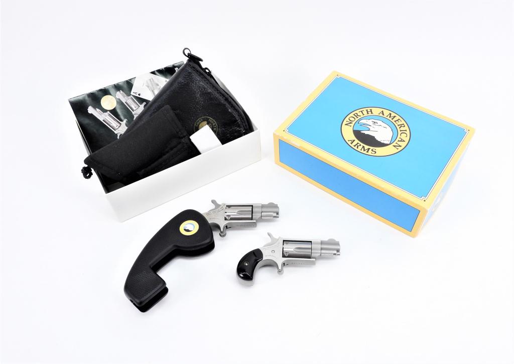 Two North American Arms Revolvers: United States A .22 LR caliber, serial number L030068, black plastic holster grip, brushed finish; and a .22 LR caliber, serial number B31045, with black plastic grips (crack on the left grip), with b