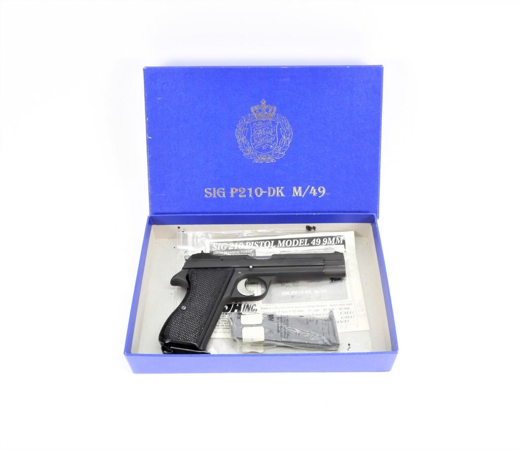 Danish SIG 210-DK M/49 Pistol: Switzerland 9mm, serial number 6682, black checkered plastic grips, parkerized finish, marked on the left side of the slide "SIG" in an oval, marked on the left side of the frame "9 mm P m/49" and a c