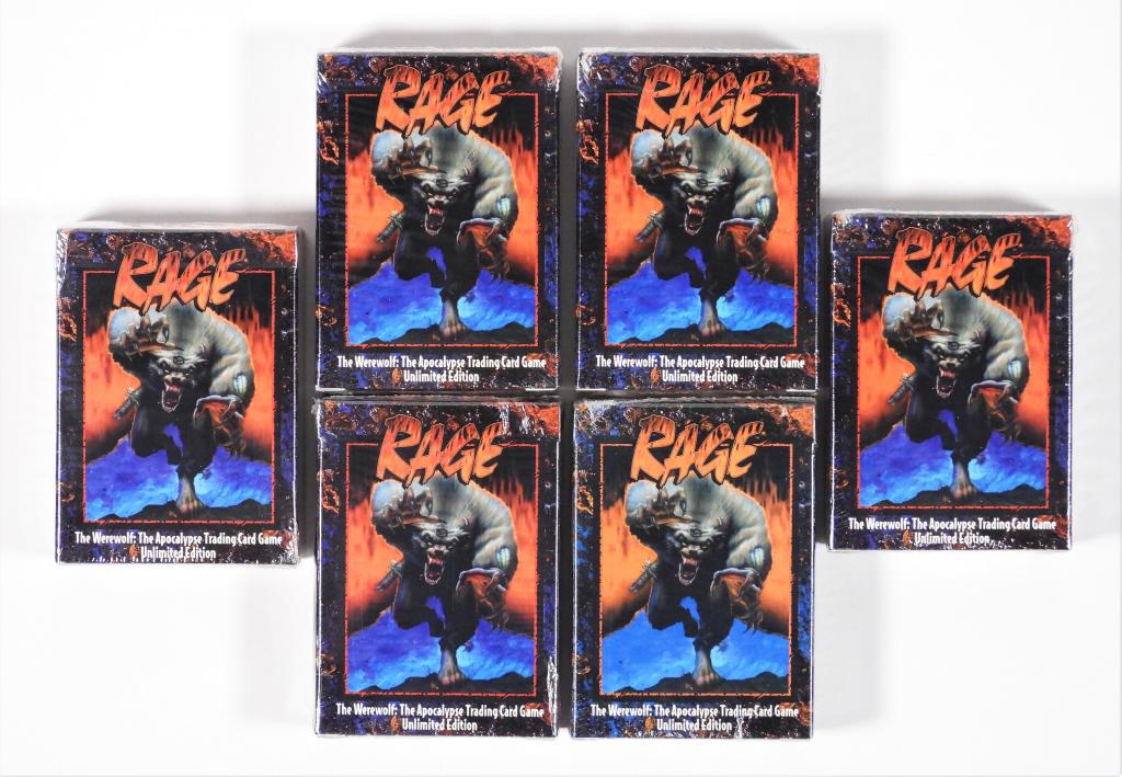 6 1995 Rage The Werewolf Trading Card Starter Deck: United States,1995 Group includes six 1995 White Wolf Game Studio Rage The Werewolf: The Apocalypse Trading Card Game Unlimited edition starter decks, all factory sealed with tight cellophane wrap, li