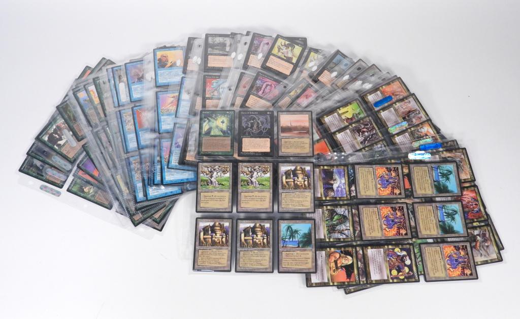 423 Italian Magic The Gathering Legends Card Group: Italy,1994 Group includes 423 Italian 1994 Magic: The Gathering Legends trading cards including Chains of Mephistopheles, Eureka, Karakas, Pendelhave (x2), and Hammerheim (x3) amongst others, cards wi
