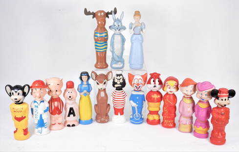 16PC Colgate Soaky Cartoon Bubble Bath Doll Bottle: United States,1964-1967 Unbelievable selection of sixteen 1964 to 1967 Colgate-Palmolive Soaky bath doll bottles, group includes Brutus, Mickey the Bandleader, Wendy, Bozo, Snow White, Cinderella, and