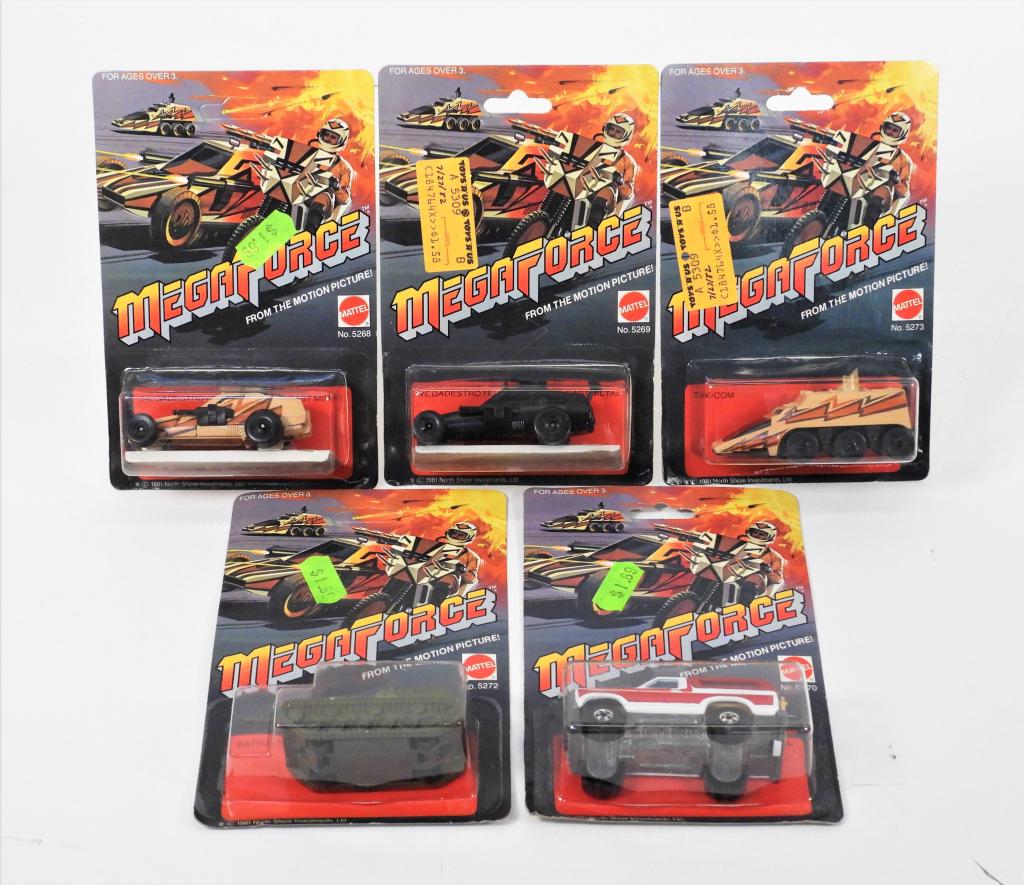 5PC 1981 Mattel Hot Wheels Megaforce Diecast MOSC: United States,1981 Group includes 1981 Mattel Hot Wheels Megaforce Megadestroyer, Battle Tank, TAC-COM, Megadestroyer 2, and personal carrier, all factory sealed C8+ with light wear from age and stora