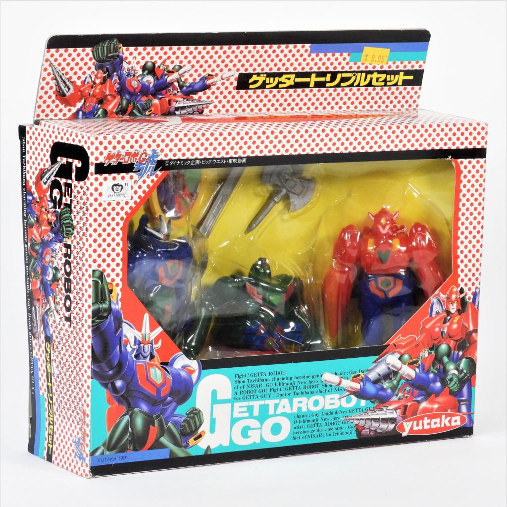 1991 Yutaka Getter Robo Go Triple Vinyl Figure Set: Japan,1991 1991 Yutaka Getter Robo Go triple vinyl figure set, Box C8+ with light shelf wear, subtle flap crease, overall vibrant graphics and displays beautifully. Toys C9 appearing to have only been