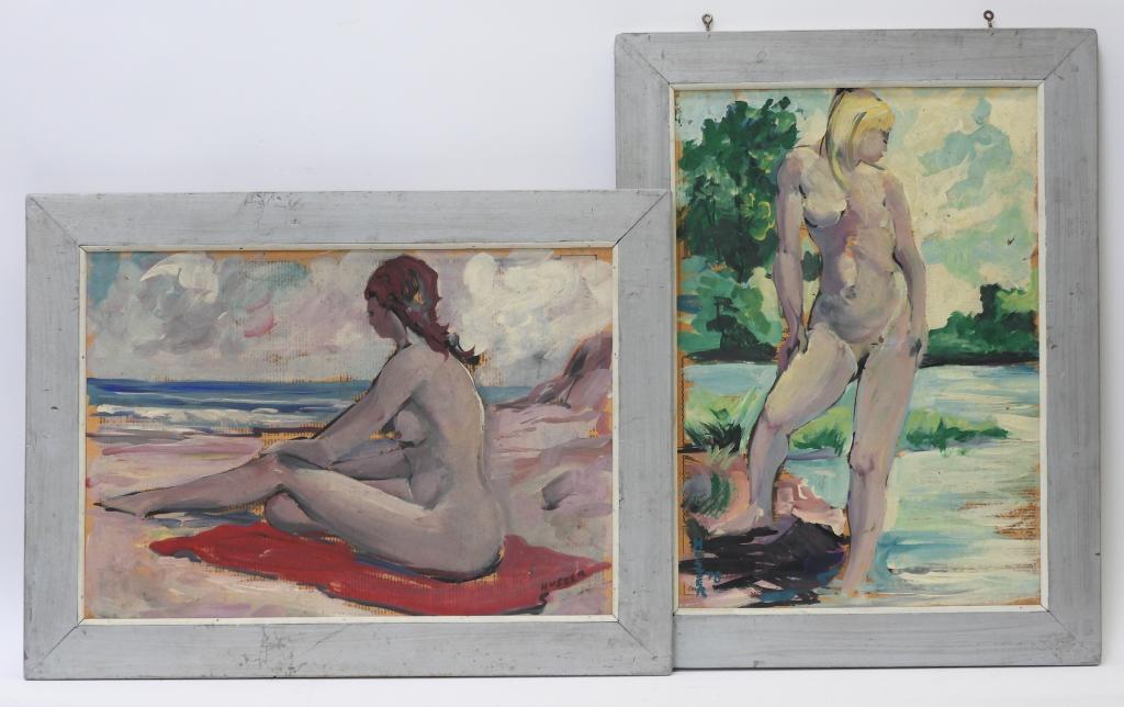 2PC John E. Huszer Nude Figure Paintings: John E. HuszerRhode Island 1912-1983 Includes two nude depictions of women, one standing in a forest and one lounging on the beach. Huszer studied at the National Academy of Design and the Arts Studen