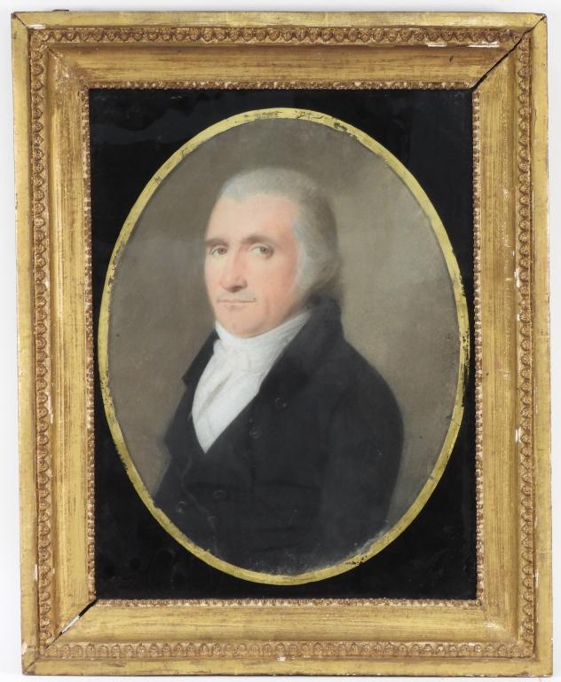 19C Portrait of a Gentleman Pastel Drawing: United States 19th Century Depicts a gentleman with gray hair, prominent widows peak, hazel eyes, and slight small dressed in a black coat. Sight 14" x 10 1/2".Frame 20 1/4" x 16 1/4",Pastel on paper 