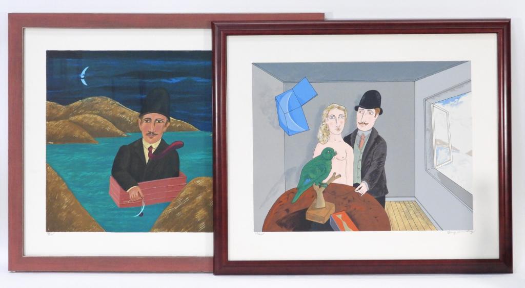 PR. Benjamin Levy Modern Figure Lithographs: Benjamin LevyNew York, Israel b. 1940 Includes a depiction of a figure in a small boat numbered 9/225, and a depiction of a nude blonde woman and a gentleman in a bowler hat standing behind a parrot n
