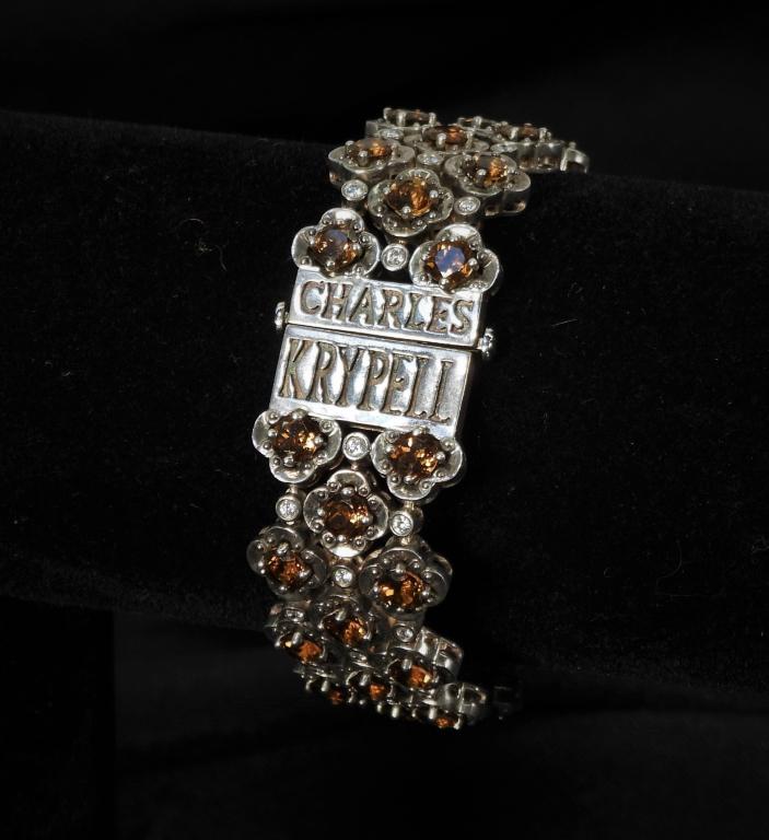 Charles Krypell 14K Gold Silver Gemstone Bracelet: Floral mesh bracelet with forty one 5mm citrines separated by forty 1mm diamonds. Diamonds total approximately .2ctw. Weight as sits 63.3g. 14K gold, sterling silver, diamond,Length 7 1/4".22mm wide M