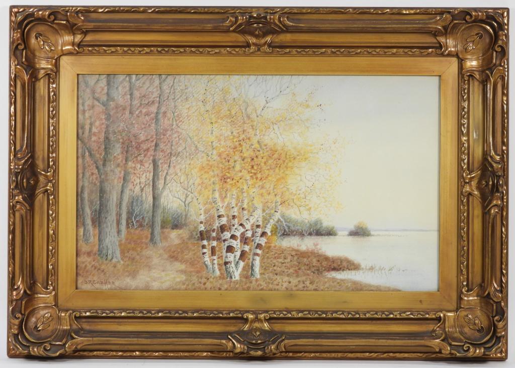 Samuel R. Chaffee Autumnal Forest WC Painting: Samuel R. Chaffee United States,1850-1913 Impressionist landscape depicting birch trees by a pond surrounded by vibrant autumnal foliage. Watercolor on paper,Sight 11 3/4" x 19 3/4".Frame 19 1/4" x 27