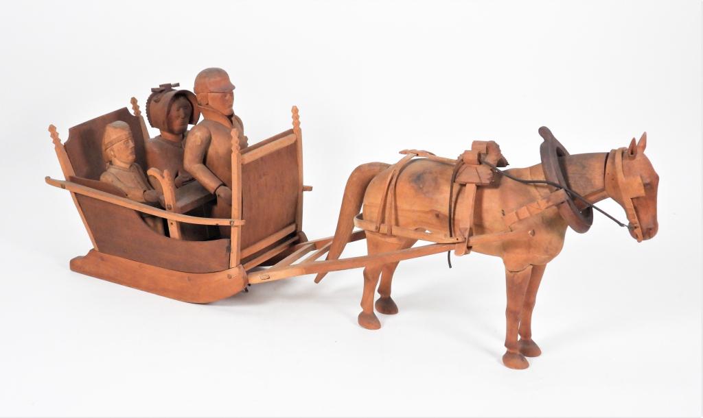 Primitive Folk Art Carved Wood Horse Drawn Sleigh (1 of 12)