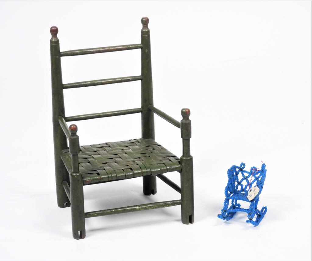 2PC Miniature Ladderback & Glass Beaded Chair: United States,19th Century Group includes a green painted ladderback chair with splint seat (D44.519.152) and a miniature Victorian style rocking chair made of glass beads (48.136.29). Wood, glass,Gre