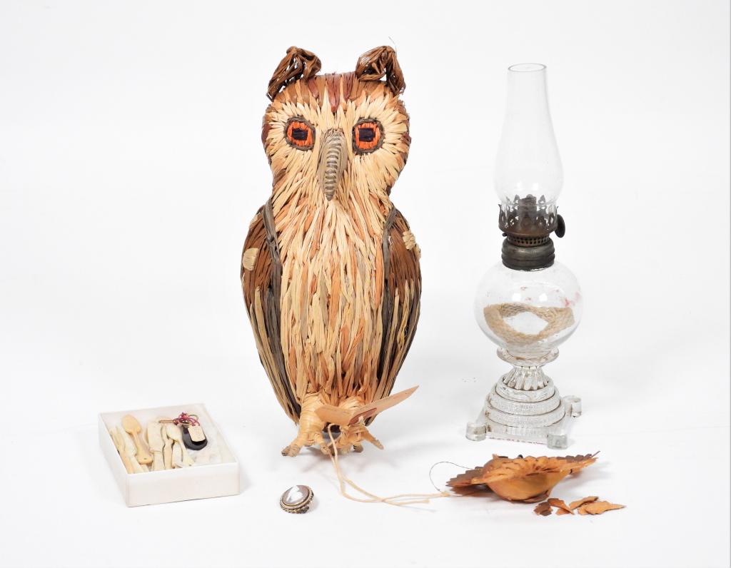 RISD Museum Collection Primitive Doll Toy Group: Germany, United States,19th-20th Century Group includes a German raffia ribbon made owl (D53.084), primitive wood made bird ornament (MP1.1963.2), a doll scale cameo broach with bird decoration (D44.5
