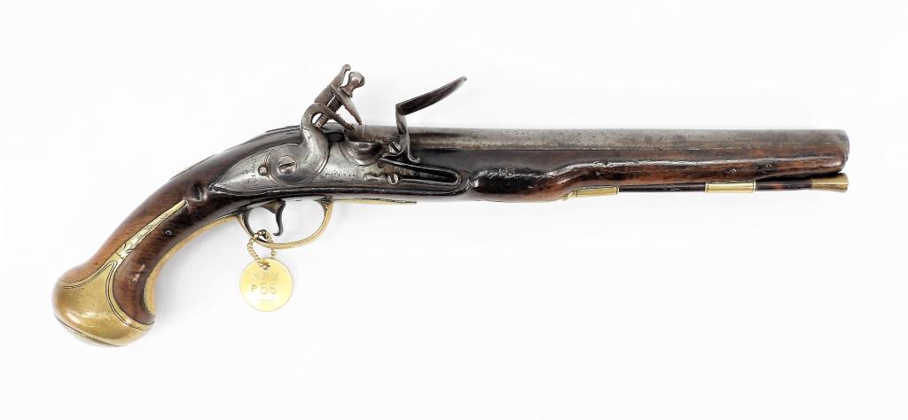 Irish J.Powell Militia or Volunteer Cavalry Pistol: Ireland C. 1750 .73 bore, NSN, walnut stock, brass trigger guard with engraved designs, brass butt cap with engraved foliate designs, oval brass wrist plate with engraved lines, a rounded brass side p