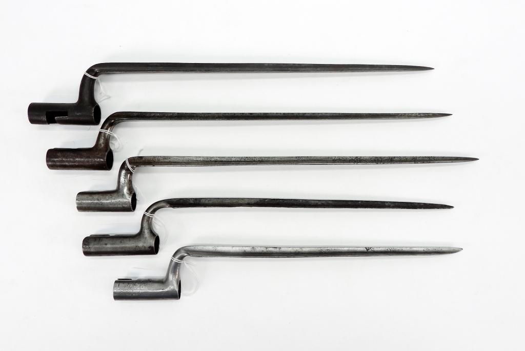 Group of Five Socket U.S. Bayonets: United States C. late 18th to early 19th century A Model 1795-style bayonet with a "2" on the blade flat; a Model 1795-style bayonet made for an under lug with an unmarked blade; a Model 1795-style ba