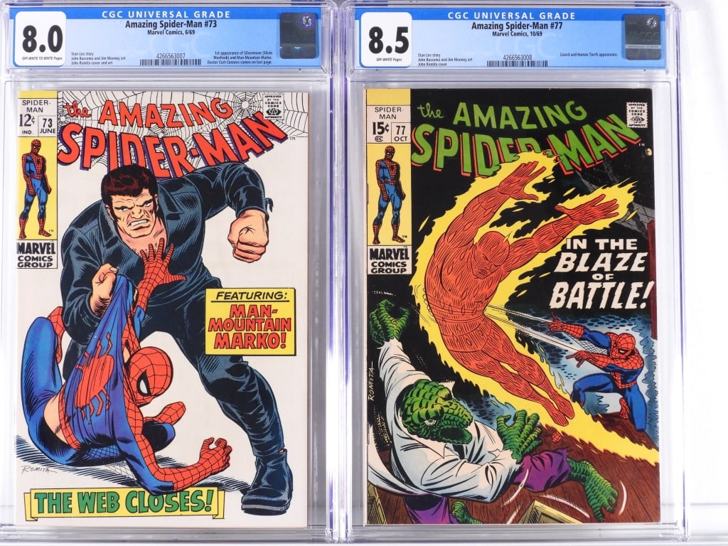 2PC Marvel Comics Amazing Spider-Man #73 #77 CGC: United States,1969 Group includes Marvel Comics Amazing Spider-Man #73 (1st app. of Silvermane and Man-Mountain Marko) and #77 (Lizard and Human Torch app.). #73: CGC 8.0 w/ Off-White/White Pages #77: