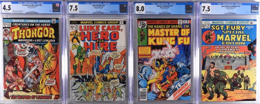 4PC Marvel Comics Bronze Age CGC Mark Jewelers: United States,1973-1979 Group includes Marvel Comics Creatures on the Loose #25 (Thongor, CGC 4.5 w/ WP, Mark Jewelers insert), Hero For Hire #12 (Origin and 1st app. of Chemistro, CGC 7.5 w/ OW/WP, M