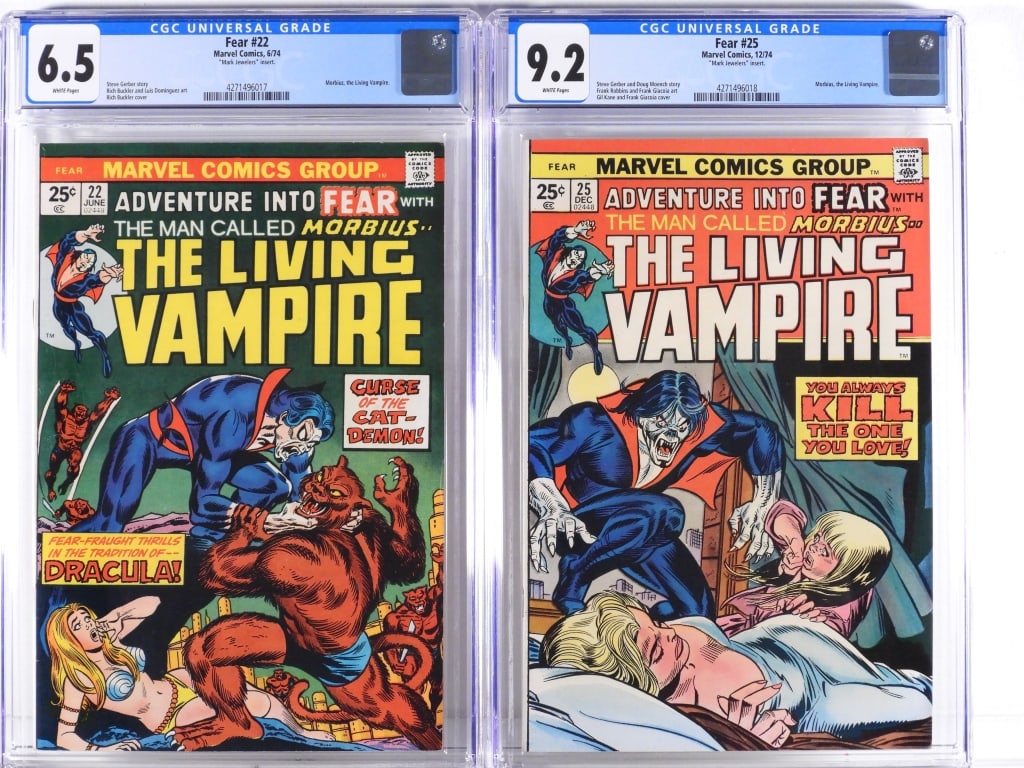 2PC Marvel Comics Fear #22 #25 CGC Mark Jewelers: United States,1974 Group includes Marvel Comics Fear #22 (Morbius, the Living Vampire), and #25 (Morbius, the Living Vampire), Mark Jewelers inserts. #22: CGC 6.5 w/ White Pages #25: CGC 9.2 w/ White
