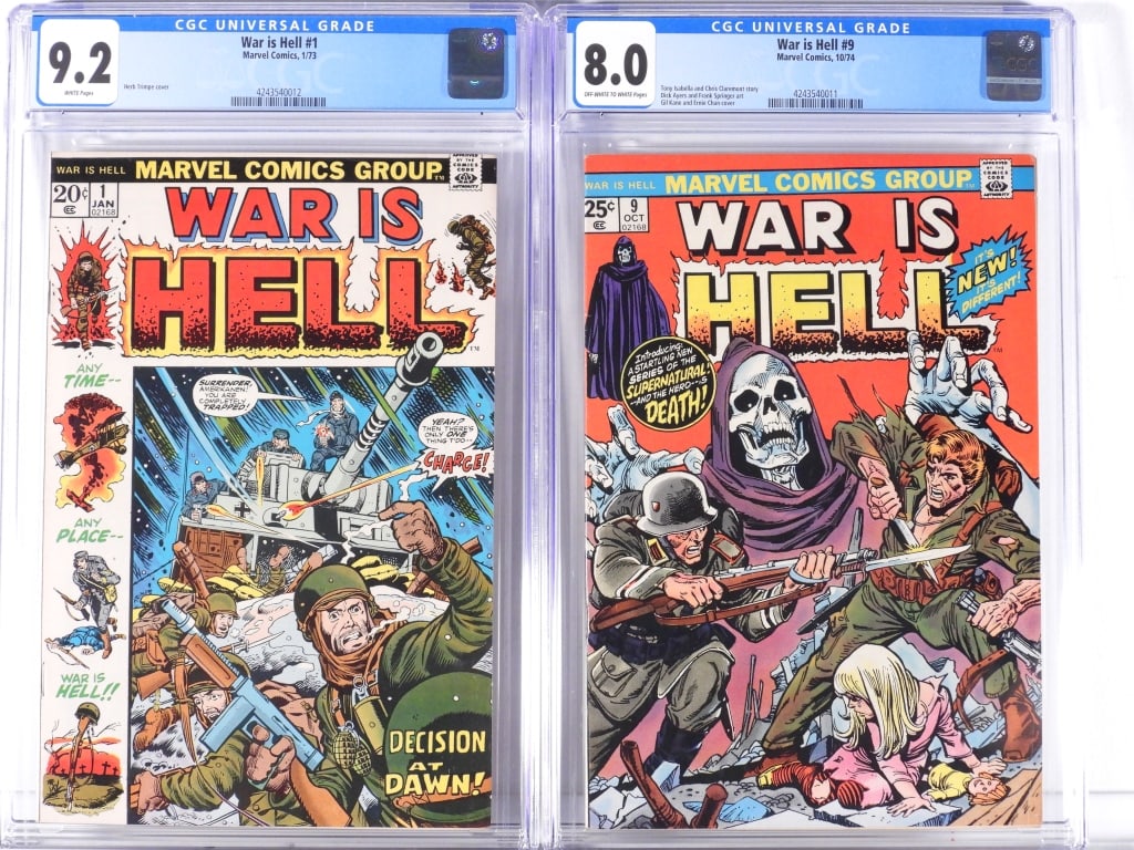 2 Marvel Comics War is Hell #1 #9 CGC 9.2 CGC 8.0: United States,1973-1974 Group includes Marvel Comics War is Hell #1 and #9. #1: CGC 9.2 w/ White Pages #9: CGC 8.0 w/ Off-White/White Pages CGC case 13" x 8" From the collection of William Troy Potter