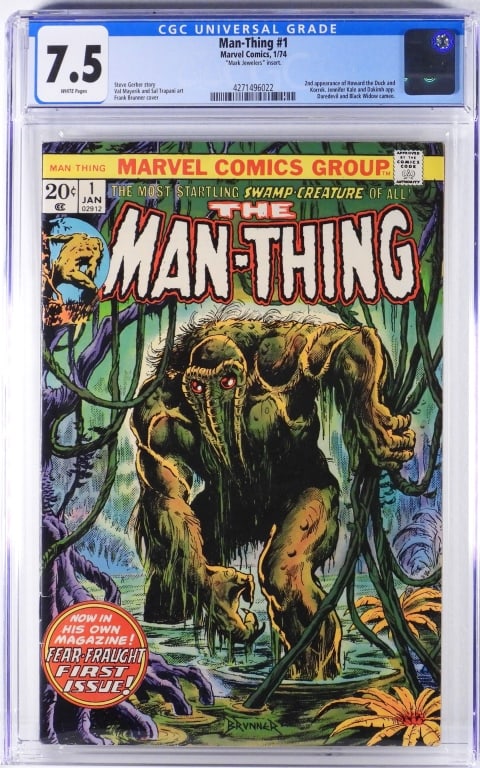 Marvel Comics Man-Thing #1 CGC 7.5 Mark Jewelers: United States,1974 Marvel Comics Man-Thing issue 1 from January, 1974. The book featured the second appearance of Howard the Duck and a Daredevil and Black Widow cameo, Mark Jewelers insert. CGC 7.5 w