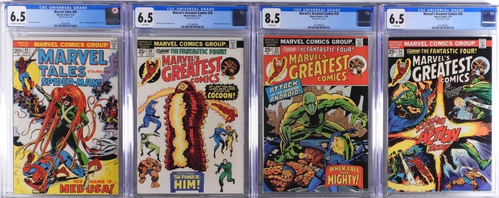 4PC Marvel Comics Bronze Age CGC Mark Jewelers: United States,1973-1975 Group includes Marvel Comics Marvel Tales #45 (CGC 6.5 w/ OW/WP, Mark Jewelers insert), Marvel's Greatest Comics #50 (CGC 6.5 w/ WP, Mark Jewelers insert), Marvel's Greatest Co