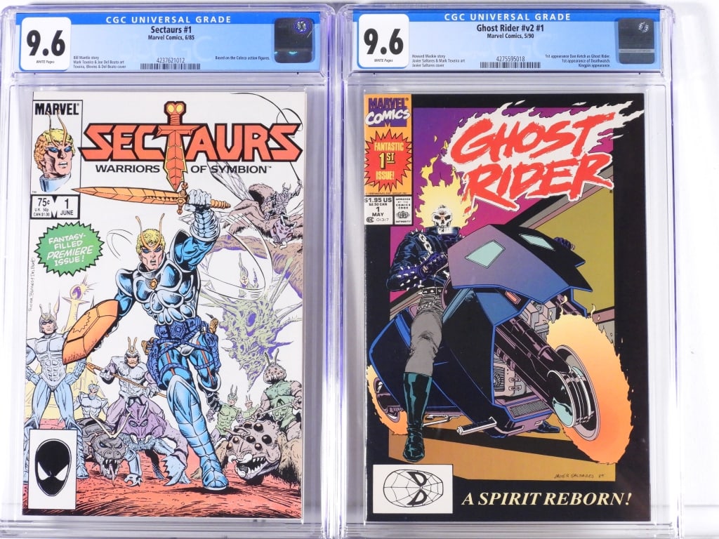 2PC Marvel Comics Modern Key Ghost Rider CGC Group: United States,1985-1990 Group includes Marvel Comics Sectaurs #1 (CGC 9.6 w/ WP) and Ghost Rider #v2 #1 (1st app. Dan Ketch as Ghost Rider, CGC 9.6 w/ WP). CGC case 13" x 8" From the collection of Wil