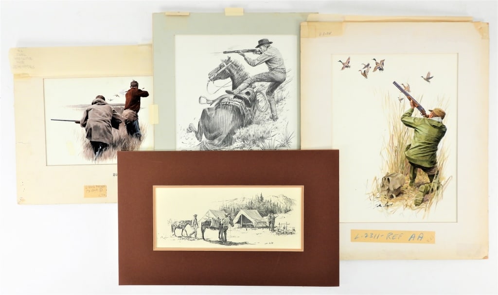 Four John Scott Illustrations: A 13 5/8" x 7 1/4" (image) pencil sketch on paper depicting a hunting camp with horses, tents, a campfire, and a man with a rifle, signed on the lower right; a 14 3/4" x 12 1/2" (image) pencil sketch