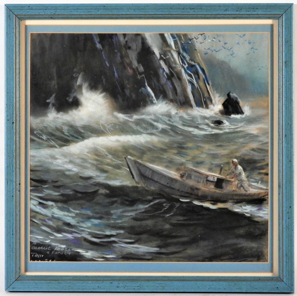 Tom Lovell Boat Near the Rocks: Depicting a man in his boat with stormy seas drifting near the rocks. PastelSight 11 1/4" x 10 3/4".Frame 13 3/4" x 13 3/4"Signed "TO/CHARLIE ROBERTS/& FAMILY/TOM/LOVELL" on the lower left, partially
