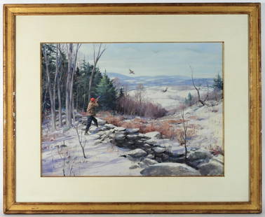 John Scott Duck Hunter Painting: Painting depicts a hunter in the woods with an over and under shotgun shooting at a duck. Oil on illustration board.Image 21 1/8" x 13 3/8".Frame 30" x 24 3/8"Signed on the lower left. From the