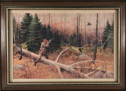 John Scott "Grouse" Painting: Painting depicts a hunter in the woods shooting at grouse, verso with a label marked "John Scott/224" and marked in red ink "-Grouse-/John Scott". Oil on board.Sight 15" x 22 3/4".Frame 29 3/8" x 21 1