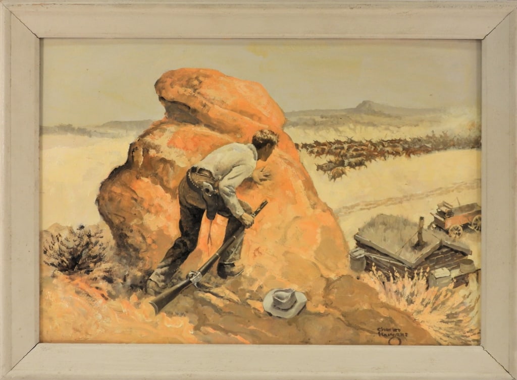 Charles Hargens "The Nester" Painting: Depicting a man hiding behind a rock with a revolver in a holster on his waist and carrying a Remington rolling block rifle by the forend, with his homestead and wagon below as a cattle drive goes by,