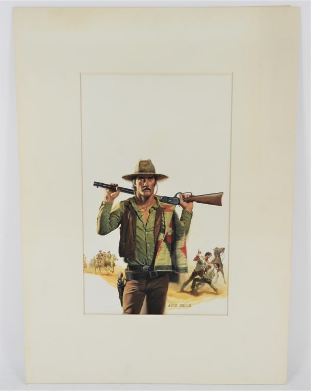 John Duillo Cowboy Illustration Painting: Depicting a central cowboy with a lever-action rifle and a revolver in a holster on his hip, with horsemen riding in from the left, and two men fighting on the right. Watercolor on board.Sight 17 3/4"